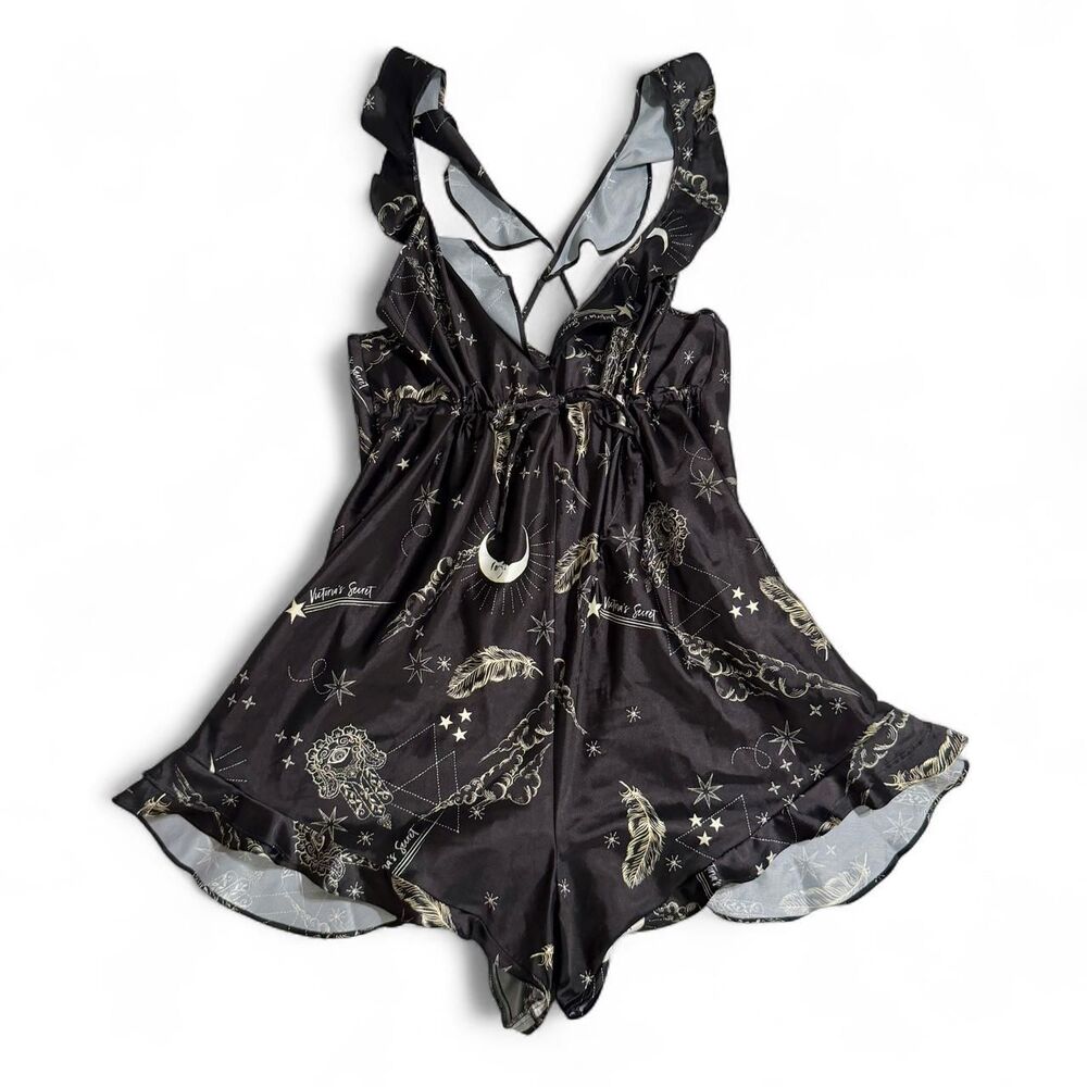 Victoria's Secret Satin Romper Pajamas Celestial Moon Star Size L